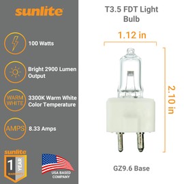 Sunlite T3.5 FDT Light Bulb, 100 Watts, 8.33A, 12V, C-6F Filament, 2900 Lumens, 99 CRI, GZ9.6 Base, Clear Finish, 3300K Warm White, Ideal for Closet Lighting and Stage & Studio Lighting, 1 Pack