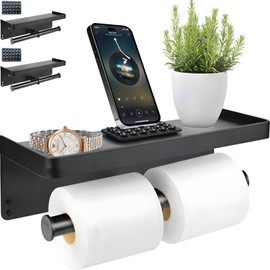 NUOGAO Double Toilet Paper Holder Wall Mount with Toilet Paper Storage,Toilet Paper Roll Holder with Phone Shelf,Toilet Paper Holder with Shelf, Modern Aluminium Double roll in Design(2, Black)
