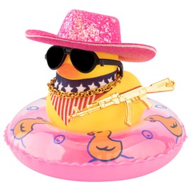 wonuu Car Rubber Duck Party Decoration, Sparkly Glitter Space cowboy hat Duck Car Dashboard Accessories With Mini Swim Ring Scarf and Sunglasses, A_pink sparkly glitter hat horizontal sacrf