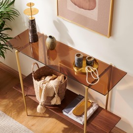 AGV 202401 2-Tier Glass Wood Console Table, Mid-Century Modern Style, Perfect for Living Room, Entryway, Foyer, D41×H31.5, Amber Glass Top & Walnut Wood Top & Gold Finish Metal Frame