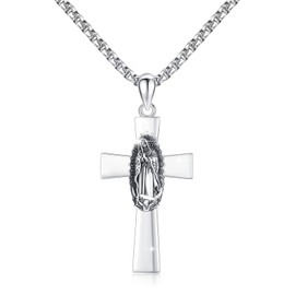925 Sterling Silver Virgin Mary Necklace with Cross Mary Necklace Christian Guadalupe Pendant Necklace Christian Gifts for Men and Women, Sterling Silver, No Gemstone
