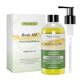 PHATOIL Body Oil with Basil, Sweet Orange, Rosemary, Basil Body Oil for Dry Skin, Nails Care, Natural Moisturizer for Women, Men, 260ml, All Skin Types