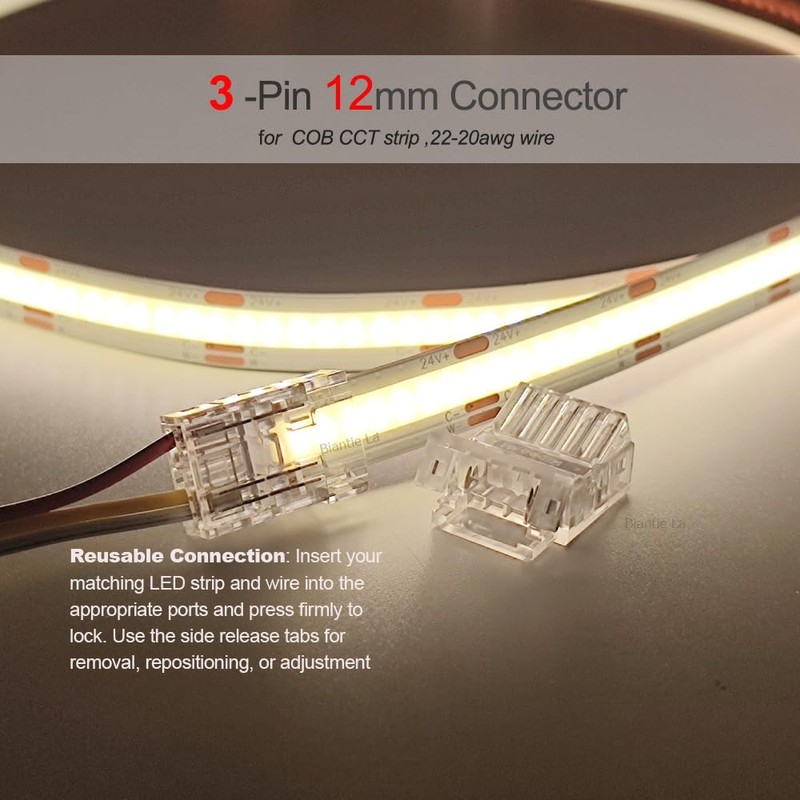 Biantie La 3-Pin 12mm LED Strip Connector, Solderless Clip for