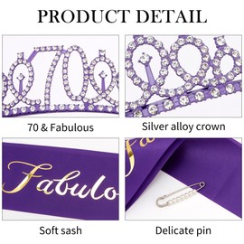 Vovii 70th Birthday Sash and Tiara - Purple Rhinestone Tiara, Happy 70th Birthday Decorations for the Fabulous Woman