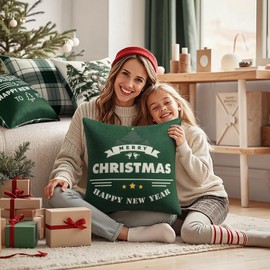 MIULEE Christmas Tree Reindeer Wreath Pillow Covers Dark Green Plaid Throw Pillow Covers Set of 4 Winter Holiday Cushion Case Decoration Farmhouse Modern for Sofa Couch Home Decor,18x18 Inch