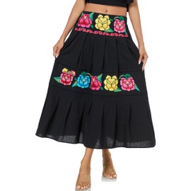 YZXDORWJ Mexican Skirts for Women Floral Embroidered Maxi Skirt Traditional Dress Fiesta Outfit (L, 925BK)