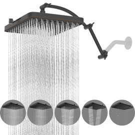 Hibbent Rain Shower Head, 13'' High Pressure Rainfall 5 Spray Mode Showerhead with 16" Shower Head Extension Arm, Brass Adjustable Shower Arm Extender, Waterfall fixed Showerheads, Oil Rubbed Bronze