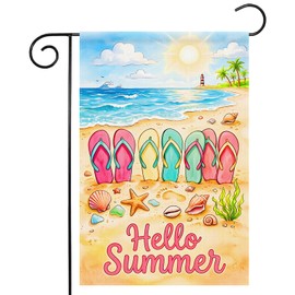12 x 18 Inches Hello Summer Garden Flag – Double-Sided Beach Flip Flops Seashell Starfish Coastal Yard Flag Summer Outdoor Decorations for Garden Porch Patio Lawn