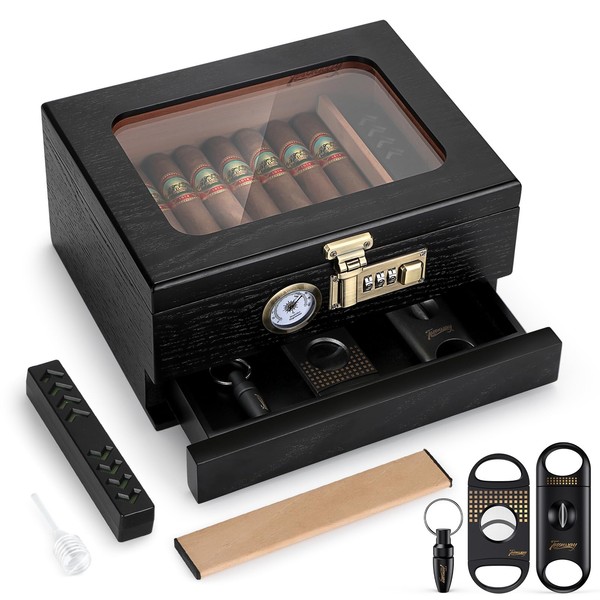 Tesonway Cigar Humidor, Cedar Wood Humidor Cigar Box, Glass Top