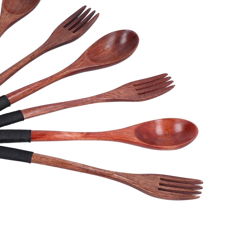 Wooden Tableware Set EcoFriendly Spoon Fork Reusable Hand Made Utensils