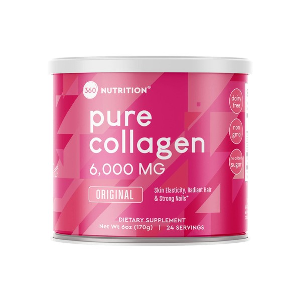 360 Nutrition Collagen Powder for Hair, Skin, Nail, Bone, and Joint Health, Collagen Peptides for Women and Men, Dairy Free, No Added Sugar, Non GMO, Dissolves Easily, Unflavored, 6 Oz, 24 Servings