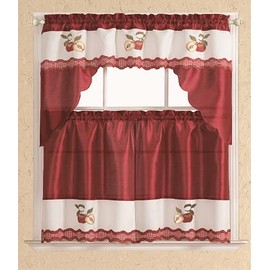 All American Collection Modern Contemporary 3pc Embroidered Home Kitchen Window Treatment Curtain Set (Swag Valance, Red Apples)