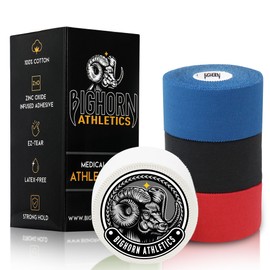 Bighorn Athletics Sports Tape & Medical Tape, Wrist Tape & Ankle Support Tape, EZ-Tear Zinc Oxide Infused Tape for Sensitive Skin, First-Aid Tape, 1.5-Inch x 45-Feet, 4 Rolls (Black, Blue, Red, White)