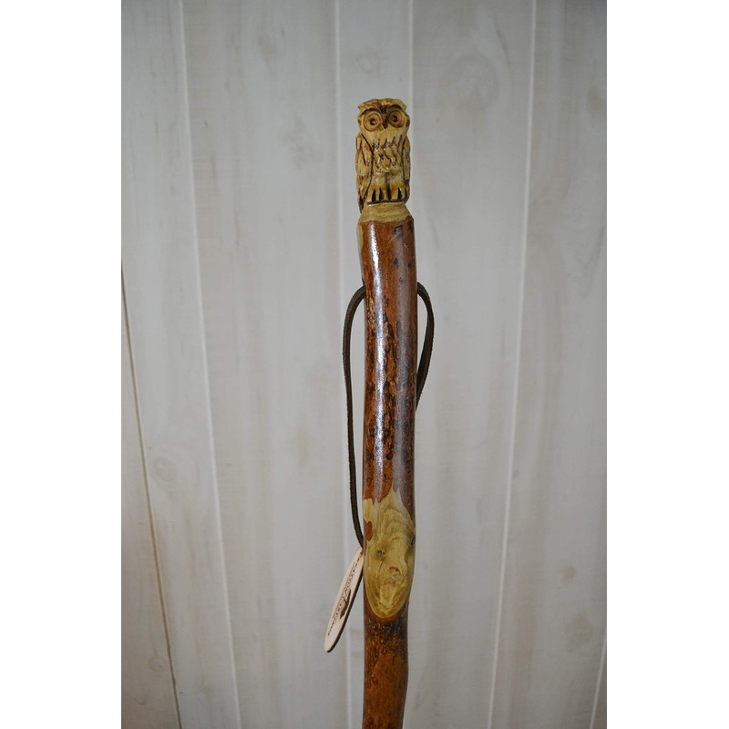 Dark wood Walking Stick with Owl Carving, Hand-Carved - Up