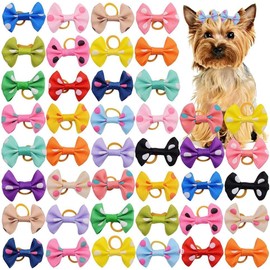 50Pcs Cute Puppy Dog Small Bowknot Hair Bows with Rubber Bands Handmade Hair Accessories Bow Pet Puppy for Doggies Cat Kitten Rabbit Grooming Accessories