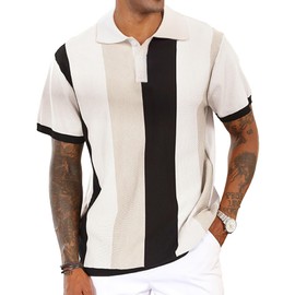 Men's Casual Polo Shirts Vintage Striped Knitting Button Down Shirts Golf Collared Shirts White