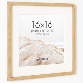 16x16 Picture Frame, USA-Sourced Natural Oak Wood Photo Collage Frame with HD Tempered Glass, Modern Simple 16 x 16 Wooden Frame Matted to 12x12, Gallery Wall Frames for Art