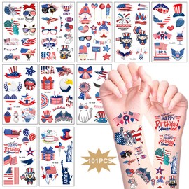 4th of July Temporary Tattoos 101Pcs Independence Day Tattoos Stickers Set USA American Patriotic Design Fake Tattoos Red White Blue Fourth of July Waterproof Tattoos Party Supplies for Kids Adult