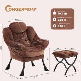Congermom Lazy Chair with Folding Ottoman,Leisure Sofa Chair,Soft Fabric Armchair with Armrests and Side Pockets, Reading Chair with Footrest for Living Room, Bedroom, Office (Plush Dark Brown)