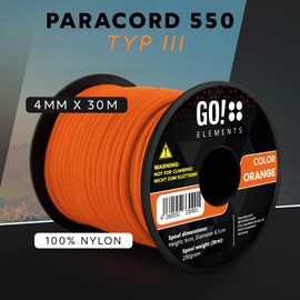 GO!elements 30 m Paracord Rope Made of Tear-Resistant Nylon Cord - 4 mm Paracord 550 Type III Cord - All-Purpose Rope and Cord - Max. 250 kg, Colour: Orange