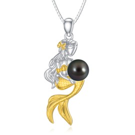 KANNSOAR Tahitian Black Pearl Necklace 18K Gold Plated Sterling Silver Mermaid Pendant Ocean Theme Mermaid Jewelry Black Pearl Gift for Women Wife Mom Girlfriend Sister