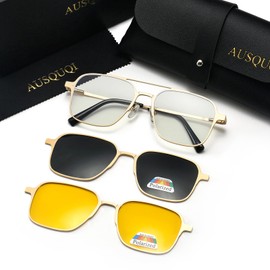 AUSQUQI 3in1 Magnetic Clip On Sunglasses Polarized For Women Mens Blue Light Glassess Aviator Stylish Eyewear for Drivers(GOLD)