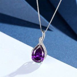 Sterling Real 925 Sterling Silver Pendant Necklace Simulated Amethyst Gemstone Pear Cut