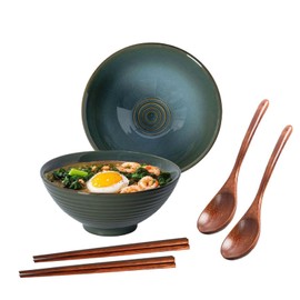 Ceraozmus 2X Ceramic Ramen Bowls - 40 oz - 20cm - With Spoon and Chopsticks for Ramen Soup Pho Udon Asian Noodles, Large Noodle Bowls(Green glaze 2 sets)
