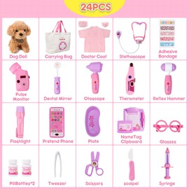 Meland Doctor Kit Kids, Kids Doctors Play Set with Dog Toy & Doctor Costume, Pretend Play Pet Vet Toys for Aged 3 4 5 6 Years Old Girls