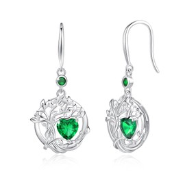 FANCIME Tree of Life Birthday Earrings for Women 925 Sterling Silver Tree of Life Stud Earrings Hanging Jewellery Gifts for Women Girls, Cubic Zirconia, Emerald
