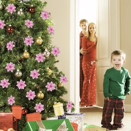 MIKAILE 20PCS Christmas Flowers Artificial with Clip, Christmas Poinsettia Flowers with Glitter Powder Decorations for Christmas Tree Garland Christmas Wreath Indoor Decorations (Pink)