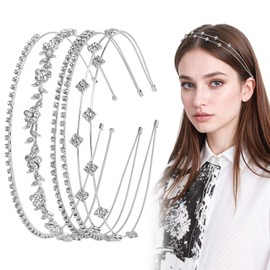 Sorcristy 4 PCS Rhinestone Headband for Women, Bridal Wedding Crystal Flower Girl Tiara Crown Hair Accessories, Crystal Flower Girl Leaves Crown Metal Hair Band Tiara Prom Accessories (Silver)