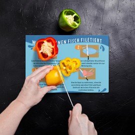 How to fillet a fish glass chopping board with instructions (English language not guaranteed), a colourful cooking board for the kitchen, fish fillet motif, instructions for filleting, kitchen board,