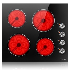 Noxton Electric Cooktop 24 Inch, Knob Control 4 Burners Electric Stovetop, Built-in Electric Radiant Ceramic Stove, Residual Heat Indicator, Overheating protection, 6000W 220-240V Hard Wired (No Plug)