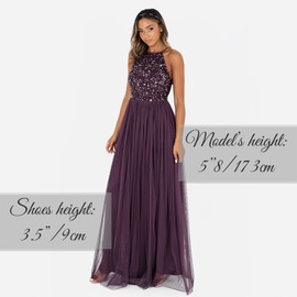 Maya Deluxe Women's Maxi Dress, Bridesmaid Halterneck, Sequins-Decorated Prom Wedding Dresses for Special Occasions, Bridesmaid Dress, berry, 42