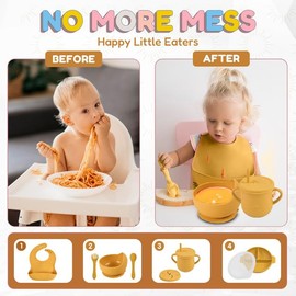 Joline Designs Silicone Baby Feeding Set - Perfect silicone plates for baby & Toddler Plates with lid, Baby Bowls with Suction, Baby Utensils - Baby Led Weaning Supplies & Eating Essential - (Yellow)