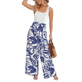 CUPSHE Women's Jumpsuit Floral Square Neck Sleeveless Jumpsuit Wide Leg Romper with Belt Playsuit Summer Trouser Suit, blue, M