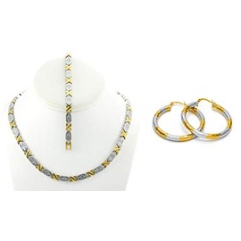 Bling Bling NY Womens Two Tone Hugs & Kisses Necklace Bracelet Medium Sized Hollow Round Twist Hoop Earring Set Stampato Stainless Steel Anti-Tarnish (Necklace 18'', Bracelet 7.5'' & Earring Set)