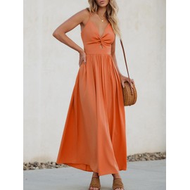 CUPSHE Women's Maxi Dresses V Neck Sleeveless Self Tie Back Twisted Pleated Casual Summer Dress Orange, XS
