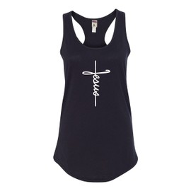Go All Out Medium Black Womens Jesus Script Letters Cross Christian Racerback Tank Top T-Shirt