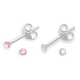 Set Of 2 Pairs Sterling Silver Cubic Zirconia Stud Earrings for Women | Light Pink & Clear Cubic Zirconia Earrings | Size TEENY WEENY 2mm | Gift Boxed 5549PKSET