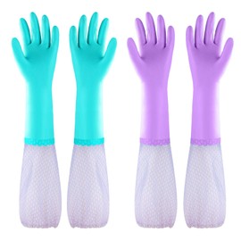 Elgood Reusable Long Sleeve Dishwashing Cleaning Gloves with Latex Free,Cotton Lining,Kitchen Gloves 2 Pairs,Purple+Blue M