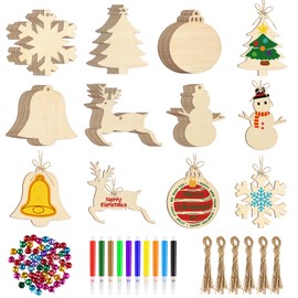 NACHLYNN 60pcs Christmas Wooden Ornaments Unfinished Wooden Slices with Colorful Bells，Watercolor Pen for Christmas Hanging Decoration (Triangle)