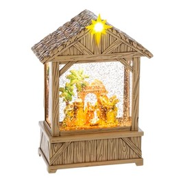 Ganz Midwest LED Festive Holiday Decoration for Home Mantel or Tabletop 10 Inch Swirling Glitter Tabletop Snow Globe Lantern Stable Design Brown Green and Gold Nativity Scene