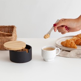 KOOK TIME Ceramic Sugar Bowl with Spoon and Lid Made of Bamboo - Sugar Spoon for Home and Kitchen, Modern Ball Shape, for Sugar, Cheese, Spices, 12.5 x 10 x 6.5 cm, Black