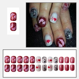 LBPEPAMZ Romantic Press on nails short square fake nails with Lip Prints ECG Love Heart Design Red Silver Glitter Full Cover Acrylic False Nails Milk White Glossy Stick on Nails for Women 24Pcs