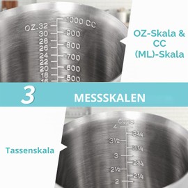 Newness Measuring Jug Stainless Steel 1000 ml [3 Measuring Scales Including Cups, ML, OZ Scale] Milk Jug with Marking with Handle, Measuring Jug Milk Pitcher, Stainless Steel Measuring Jug 1 Litre