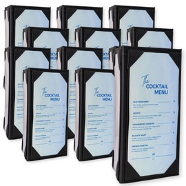 Risch 3 Sided Table Tent, Black Leatherette with Clear Inserts, Food, Drink and Cocktail Trifold Triangle Display for Commercial Use in Bars and Restaurants, Wipeable Cover Sign Stand, 4 by 8, 12 Pack