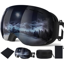 Mixiu Ski Goggles, Spherical Lens, Flameless Snow Goggles, Wide Angle View, UV 400 Protection, Blocks 99% of UV Rays, Anti-Fog, Can Wear Glasses, Helmet Compatible, Anti-Slip Belt, Cleaning Cloth Included, Storage Bag, Storage Case, Unisex