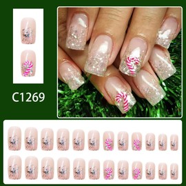 Christmas Press on Nails Medium Square Fake Nails with Cute Crutch Design Sliver Glitter Nails Press ons Glossy Full Cover White Glue on Nails Winter Xmas Holiday Acrylic Nails for Women 24Pcs